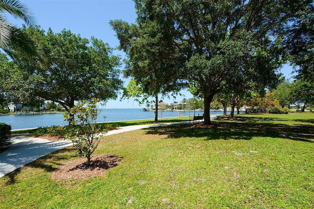 view of community with a yard and a water view