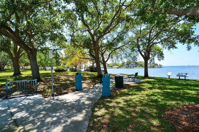 view of community with a water view and a yard