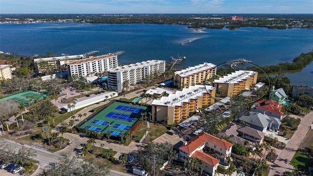 bird's eye view with a water view