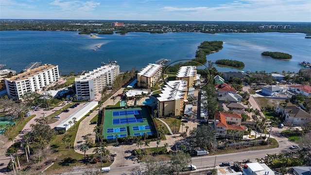 bird's eye view with a water view