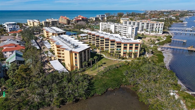 aerial view featuring a water view