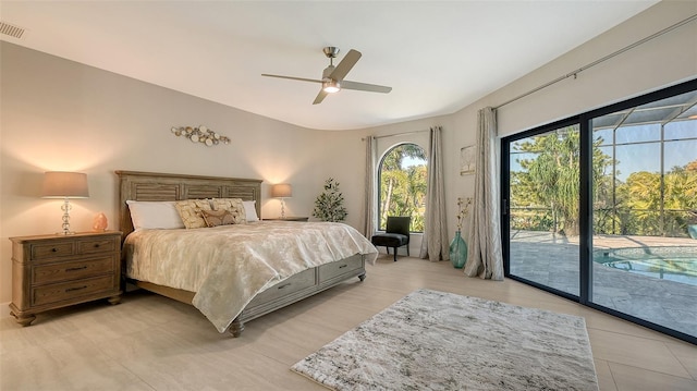 bedroom featuring access to exterior and ceiling fan