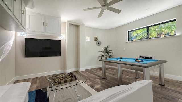 game room with dark hardwood / wood-style flooring, pool table, and ceiling fan