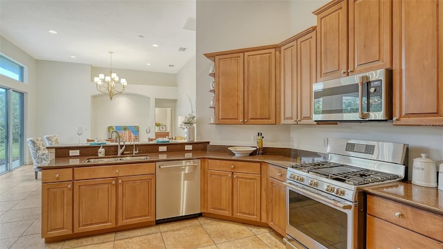 kitchen featuring kitchen peninsula, appliances with stainless steel finishes, sink, a chandelier, and hanging light fixtures