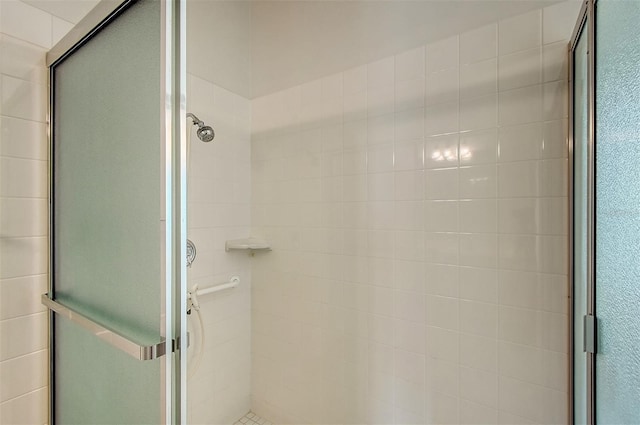 bathroom with a shower with shower door