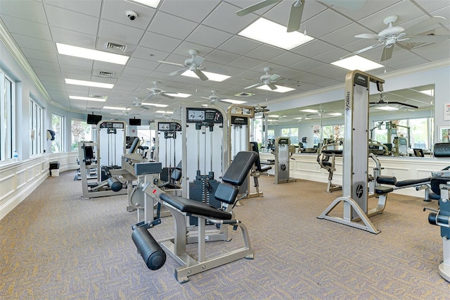 workout area with a paneled ceiling, plenty of natural light, and carpet flooring