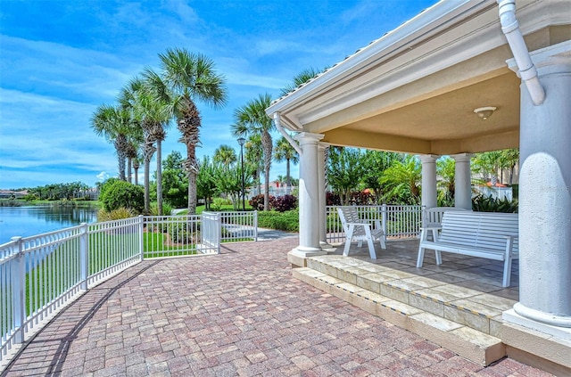 view of patio / terrace featuring a water view