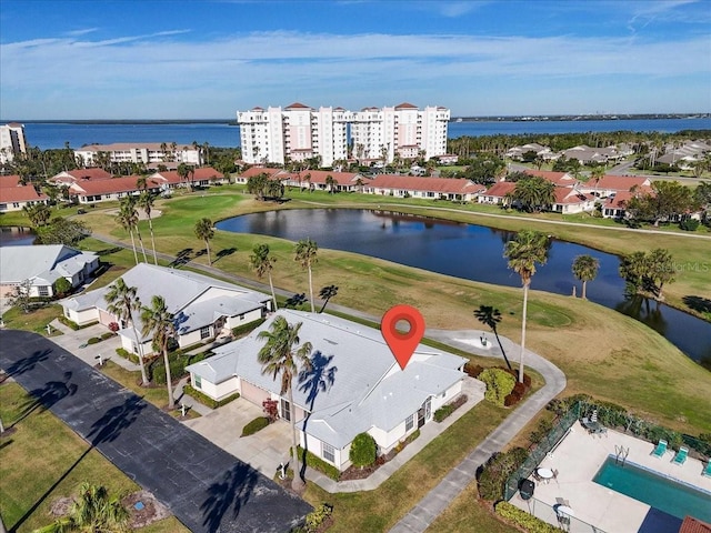 aerial view featuring a water view