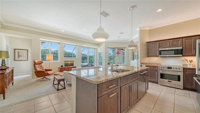 kitchen with light carpet, hanging light fixtures, sink, light stone countertops, and appliances with stainless steel finishes