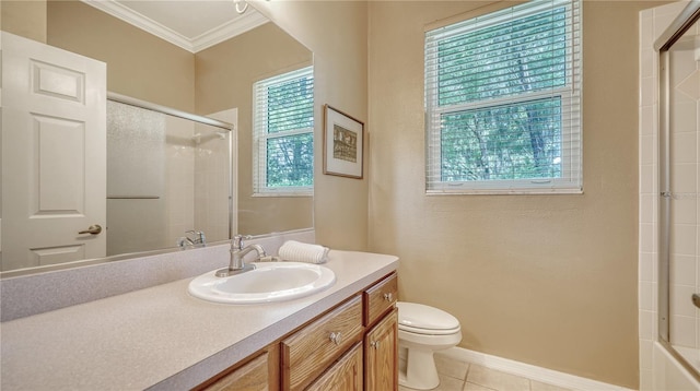 full bathroom with tile patterned flooring, crown molding, toilet, shower / bath combination with glass door, and vanity