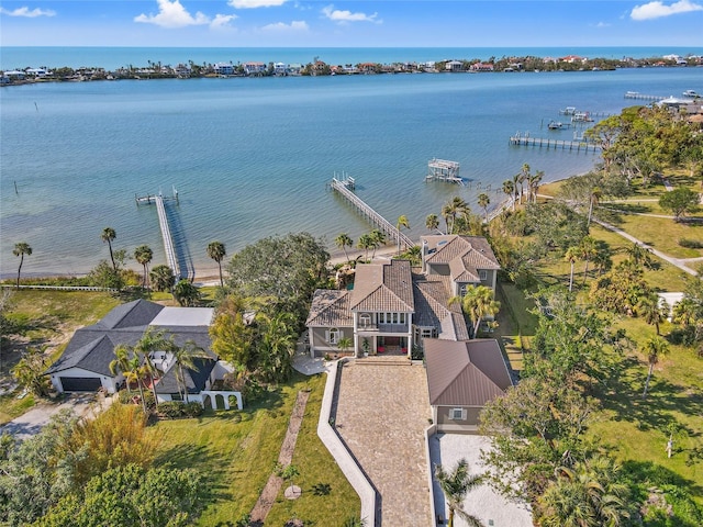 aerial view featuring a water view