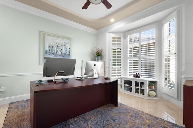 office space with ceiling fan and ornamental molding