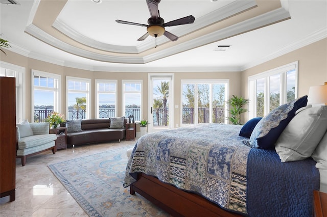 bedroom with ceiling fan, ornamental molding, access to outside, and a raised ceiling