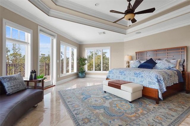 bedroom featuring a tray ceiling, access to exterior, crown molding, and ceiling fan