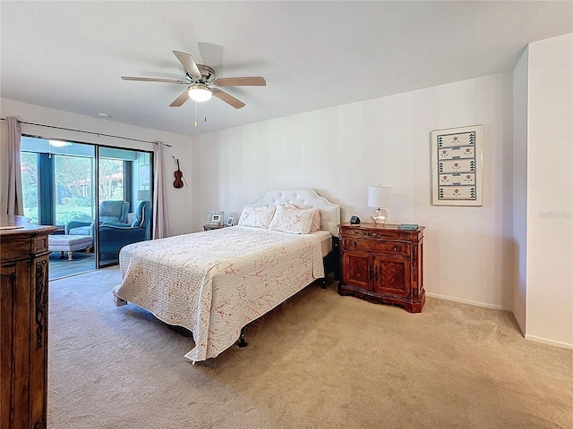 bedroom featuring ceiling fan, light colored carpet, and access to outside