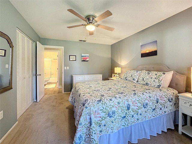 carpeted bedroom featuring ceiling fan and a closet