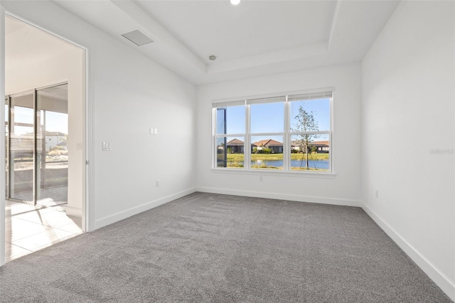 spare room with a water view, carpet flooring, and a tray ceiling