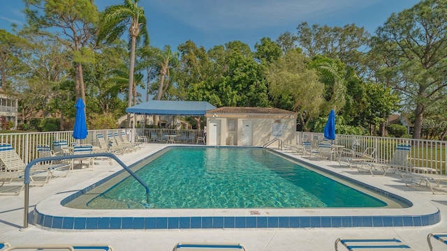 view of swimming pool featuring a patio area and an outdoor structure