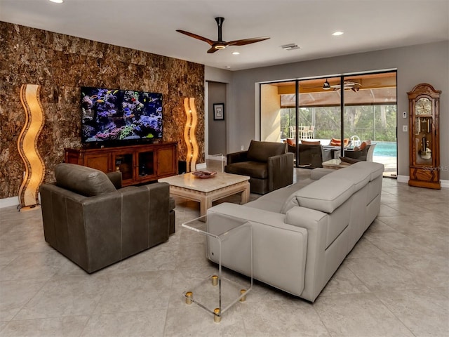 living room with ceiling fan