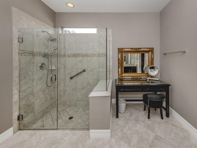 bathroom with tile patterned flooring and a shower with door