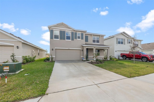 view of front of home with a front yard, a garage, and cooling unit