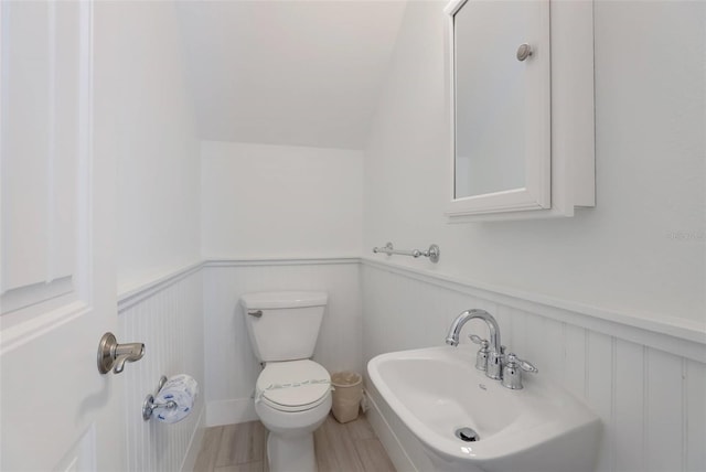 bathroom featuring sink, lofted ceiling, and toilet