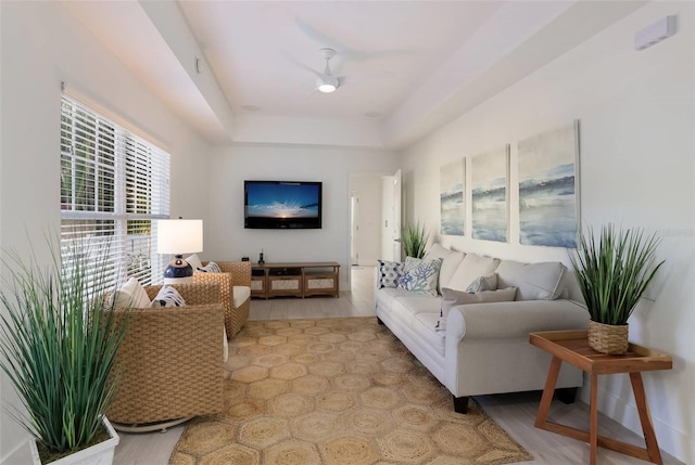 living room with light hardwood / wood-style flooring and a tray ceiling