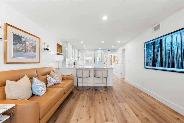 living room featuring light wood-type flooring and sink