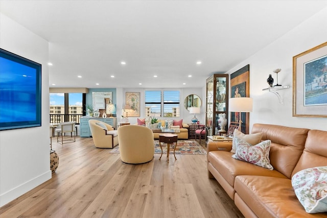 living room featuring a healthy amount of sunlight and light hardwood / wood-style flooring