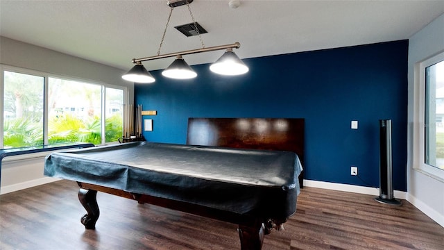 recreation room with dark wood-type flooring, track lighting, and pool table