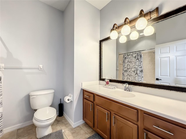 bathroom with tile patterned flooring, vanity, toilet, and a shower with curtain