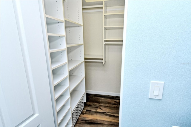 walk in closet with dark hardwood / wood-style floors