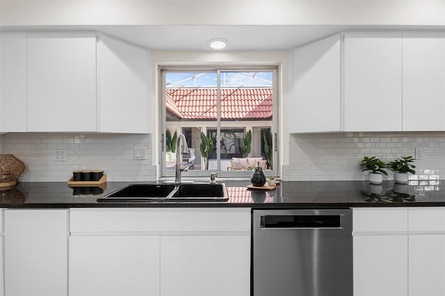 kitchen with dishwasher, white cabinetry, and sink