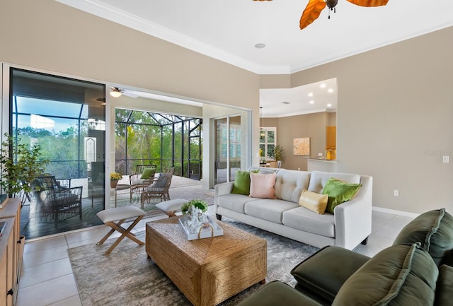 tiled living room featuring ceiling fan and ornamental molding