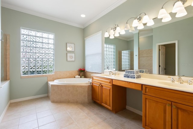 bathroom with tiled bath, tile patterned floors, vanity, and crown molding