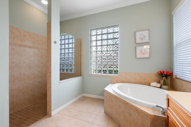 bathroom with independent shower and bath, vanity, crown molding, and tile patterned flooring