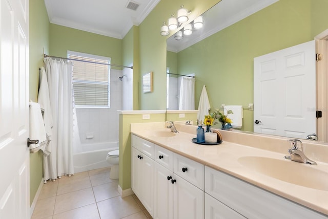 full bathroom featuring shower / tub combo, tile patterned flooring, toilet, vanity, and ornamental molding