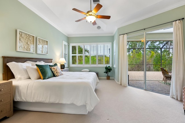 bedroom featuring ceiling fan, light colored carpet, access to outside, and crown molding