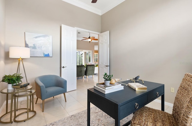 tiled office space with crown molding and ceiling fan