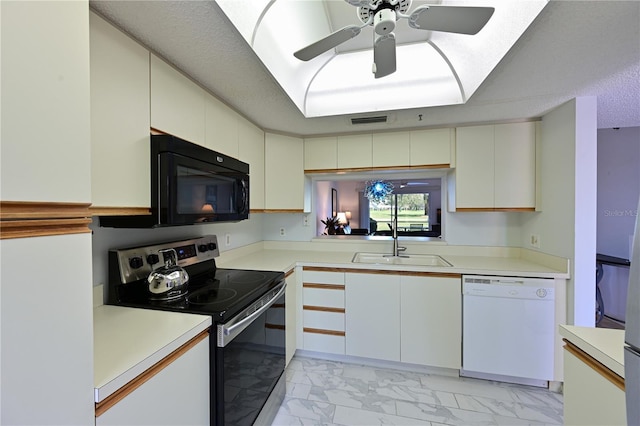 kitchen with white cabinetry, ceiling fan, sink, white dishwasher, and electric range