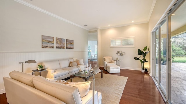 living room featuring dark hardwood / wood-style floors and crown molding