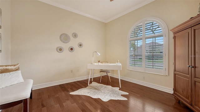 unfurnished office with crown molding and dark wood-type flooring