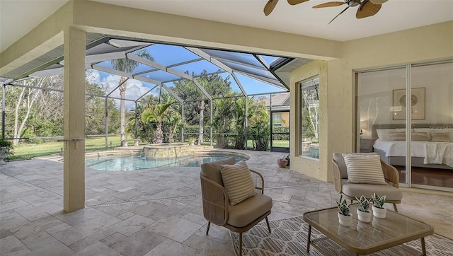 view of swimming pool with ceiling fan