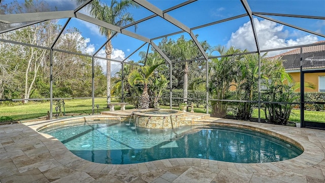 view of swimming pool with a lanai, an in ground hot tub, and a patio