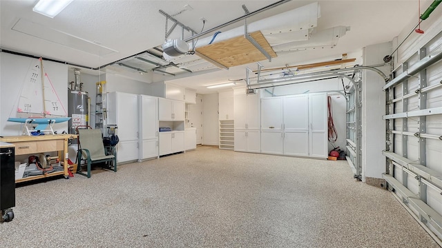 garage featuring a garage door opener and water heater