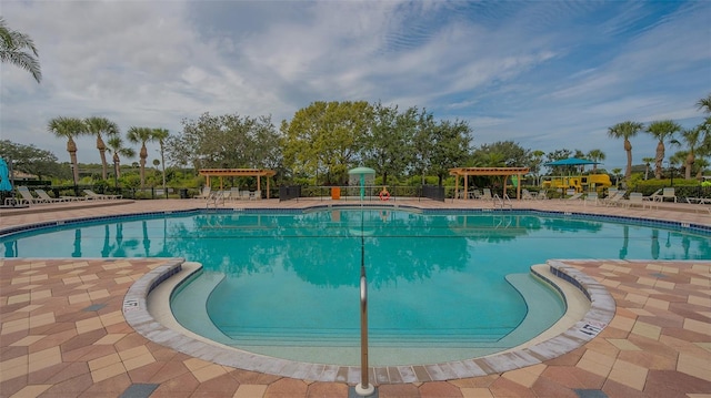 view of swimming pool featuring a patio