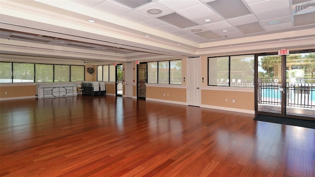 empty room with a raised ceiling, a healthy amount of sunlight, and wood-type flooring