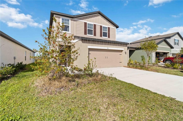 traditional home featuring a front lawn, board and batten siding, concrete driveway, and an attached garage