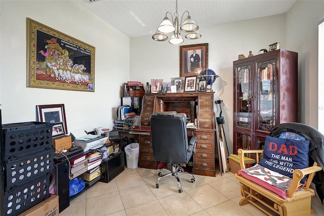 tiled office featuring a notable chandelier