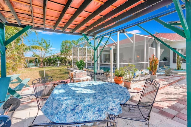 view of patio featuring a lanai